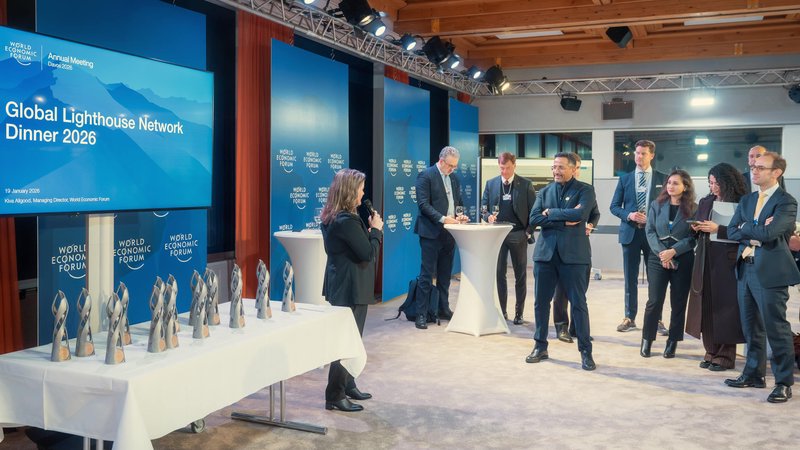 Guests attend a Global Lighthouse Network Dinner 2026 award presentation during the World Economic Forum in Davos, Switzerland.